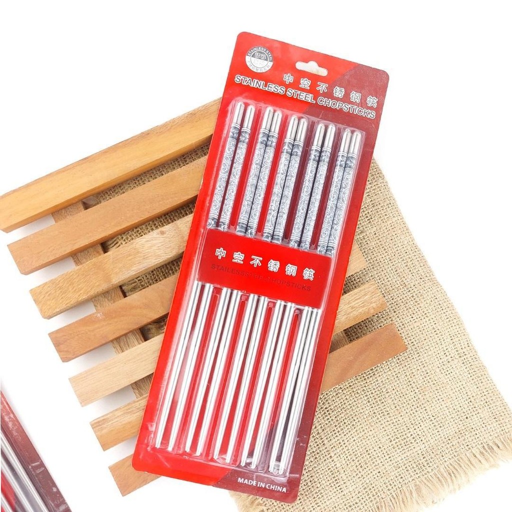 Top100 - Sumpit Makan Sumpit Bulat Motif Stainless Steel Model Korea Chopstick Isi 5 Pasang Tahan Ka