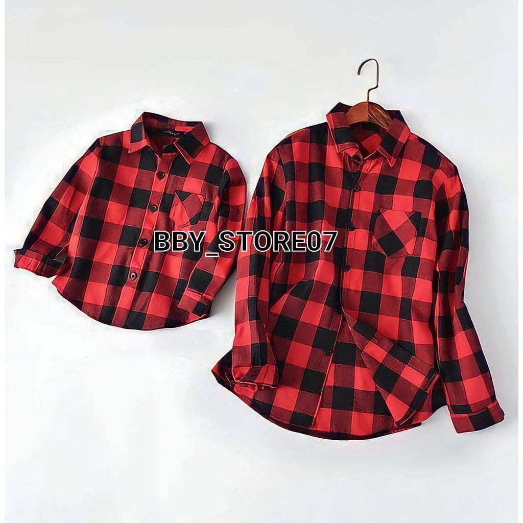 Kemeja Flanel Couple Keluarga Ayah Ibu Anak Baju Kotak Kotak Motif Catur Hem Lengan Panjang Unisex