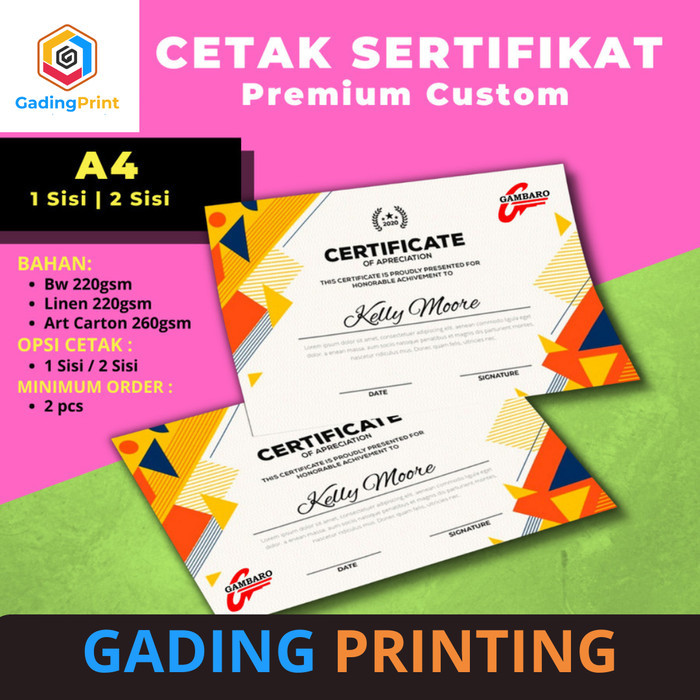 

Cetak Sertifikat Custom A4 - Art Carton / Linen / BW, 1 Sisi