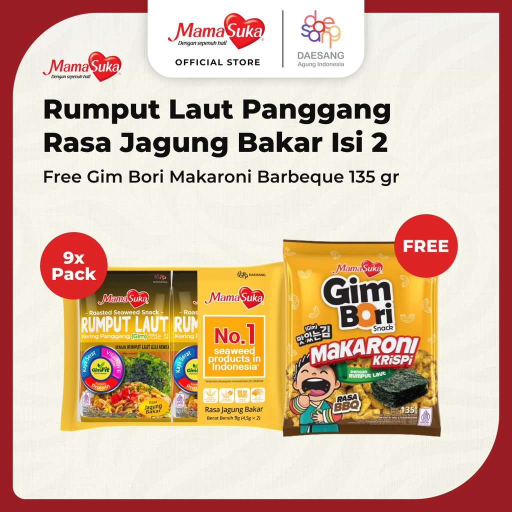 

MamaSuka - Rumput Laut Panggang Jagung Bakar Isi 2 Free Gim Bori Makaroni Barbeque 135 gr