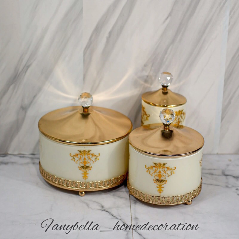 Toples Kaca Set Mewah Sultan Emas Gold Turki Motif Kuning Lebaran Dekorasi Rumah FANYBELLA