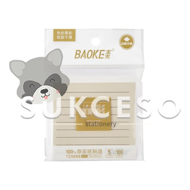 

BaoKe Memo Stick 76x76mm (ruled) TZ6006 / Sticky Notes Bergaris 5 Warna 100 Lembar