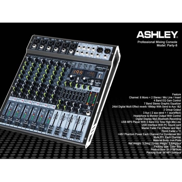 Grosir Mixer Ashley Party 8 | 8 Channel | 6 Mic Line | 2 Stereo | USB | Bluetooth Original Ashley