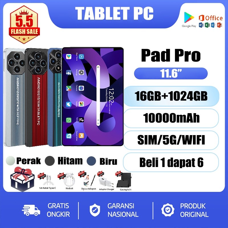 【Beli 1 Gratis 7】Tablet PC Tab Android 11.6inch RAM16GB+1024GB Tablet Murah Pembelajaran laris manis