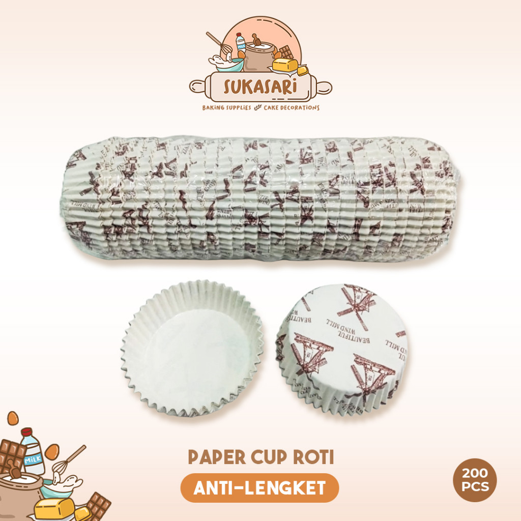 

Sukasari - Paper Cup Roti 200pcs / Alas Roti Bulat Anti Lengket / Kertas Cup Roti Oval Kincir Holland Windmill / Tigerson Kertas Roti