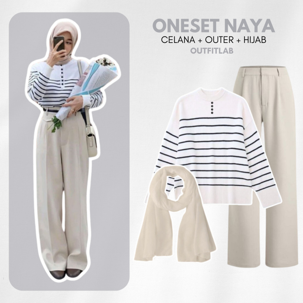 Outfit Set Naya Hijab Wanita Sweater Strip Celana Kulot Bella Square Setelan OOTD Kerja Ngantor