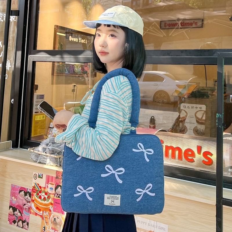 Tas Laptop Denim Sulaman Tangan Tas Selempang Multifungsi untuk MacBook Tablet 14 Inch Tas iPad