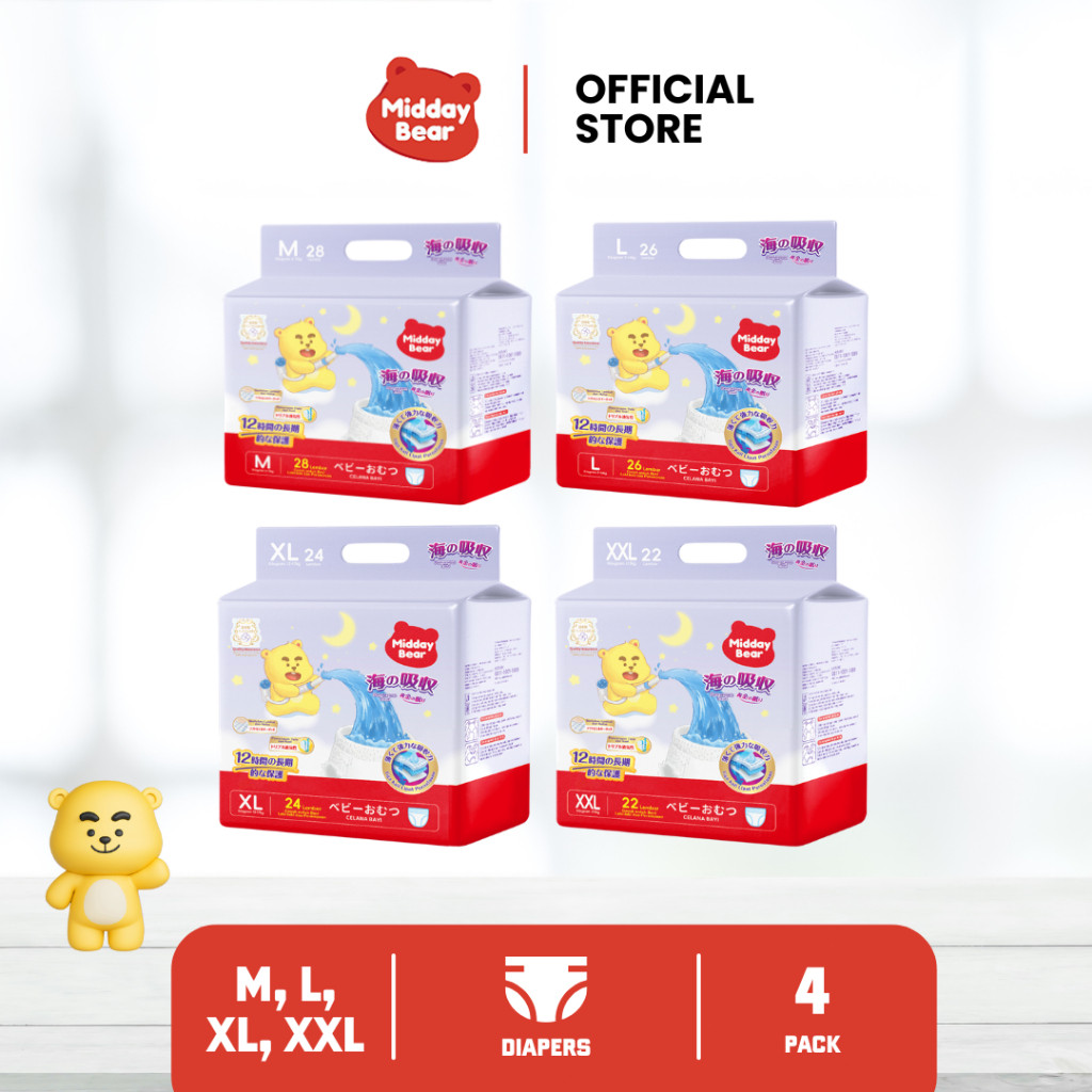 

【4 Pack】Midday Bear Sea Popok Celana Bayi Pull-Up Pants Sekali Pakai Daya Serap Extra Night Pants - All Size Size M,L,XL,XXL