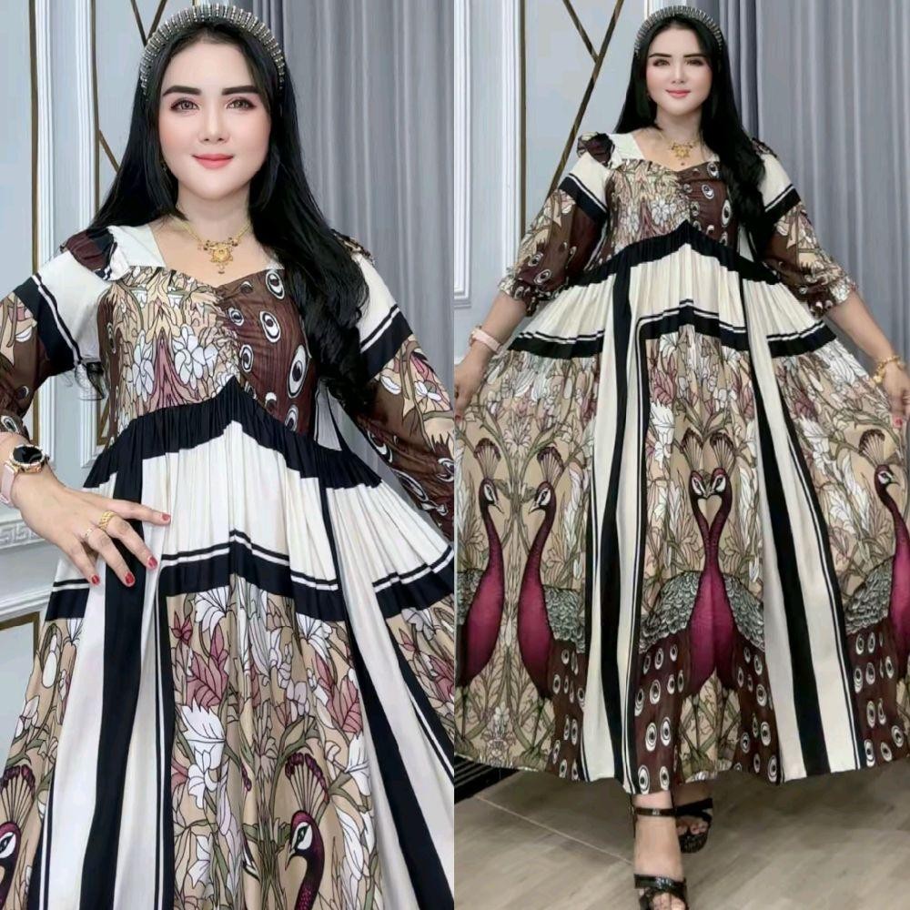 Ameraki – Baju Wanita Dress Katun Rayon Dada Serut Rempel Pundak Mayung Elegan Lengan 7/8