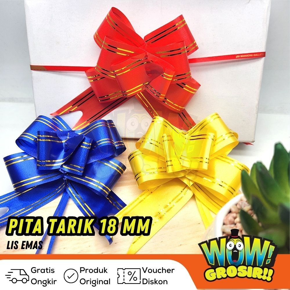 

WOWGROSIR 1 Bungkus isi 200 Pcs Pita TARIK LIS EMAS 18 mm Serut Parcel Kado Souvenir GOLD STRIPE LACE 18 mm