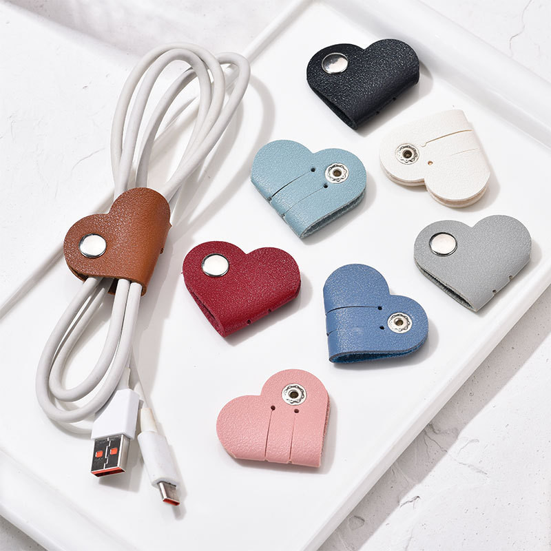 1pc Mini Heart Shape Cable Organizer Vintage Earphone Wire Data Line Clips Cable Winder Tie PU leath