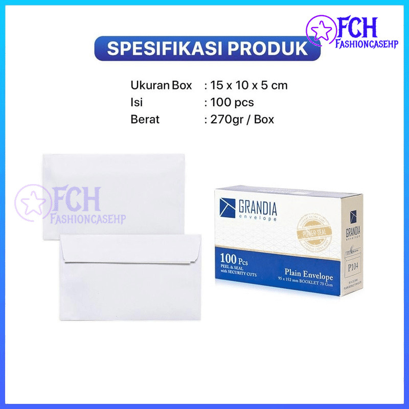 

FCH GROSIR Kotak Isi 100Pcs Amplop Putih P 104 Grandia Amplop Polos Kecil Dengan Lem Perekat