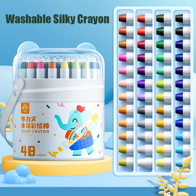 

Washable Silky Crayon 12 / 24 / 36 / 48 Warna Colorful Bucket Krayon Mewarnai Alat / Warna Set Anak Wipe and Clean