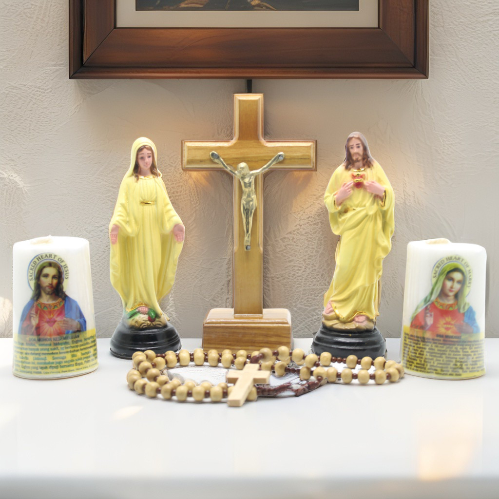 PAKET DOA KATOLIK (MINI-EVORY)  / SET DOA KATOLIK 15 CM /SALIB DUDUK KATOLIK / PATUNG YESUS / PATUNG