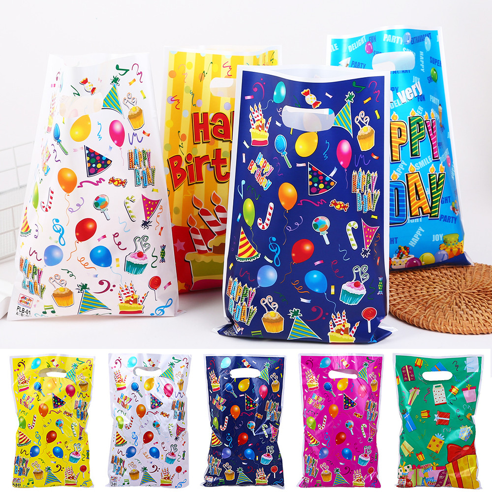 

10/20/50Pcs Colorful Plastic Happy Birthday Gift Packaging Bag Candy Cookie Tote Bags Kids Birthday Baby Shower Party Favor Bags