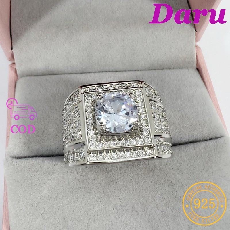 DARU Cincin Berlian Pria Mewah Berlapis Platinum Tahan Karat 1 Karat Zircon Asli