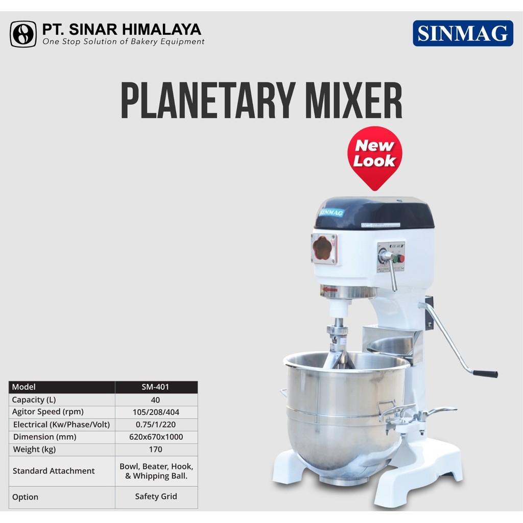 SM-401 Planetary Mixer/ Mesin Pengaduk Adonan Kue  40 Liter Merk Sinmag 10,5 x 20,8 x 40,4 cm 750 Wa