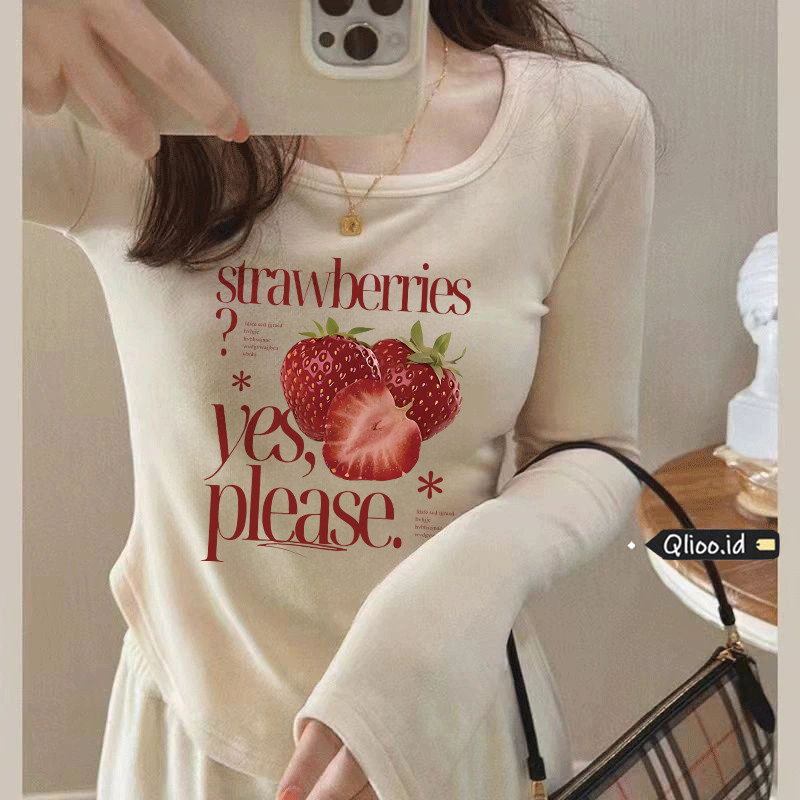 Qlioo Crop Top Longsleeve Wanita y2k Kaos Strawberry Letter Print Lengan Panjang Kaos Warna Cream Ka