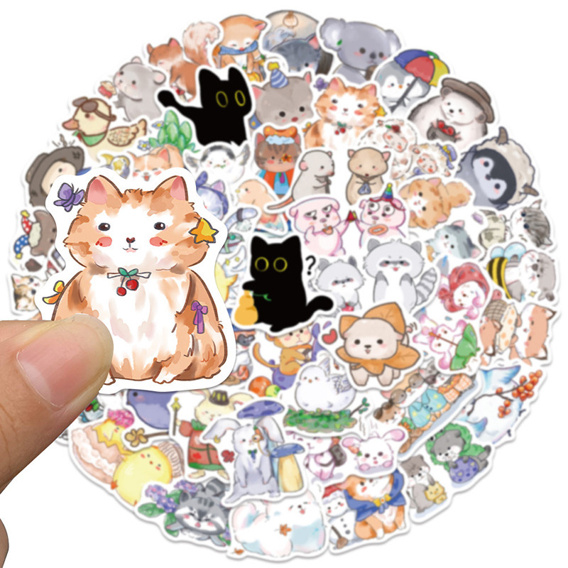 

50PCS Hand-Drawn Cartoon Cat Lamb Animal Graffiti Stickers Laptop Guitar Motorcycle Suitcase Kawaii Watercolor Decals Kids Toys