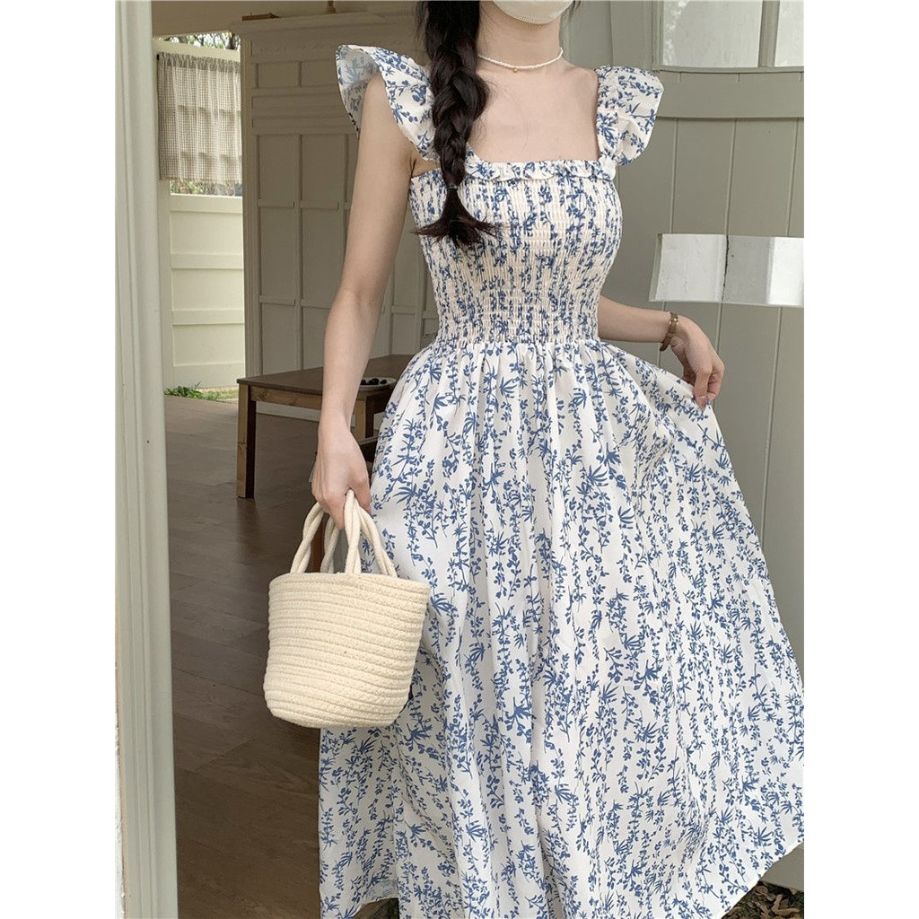 Daisy Floral Midi Dress with Full Ruched Bodice and Butterfly Sleeve - Dress Casual Bunga Pantai Hol