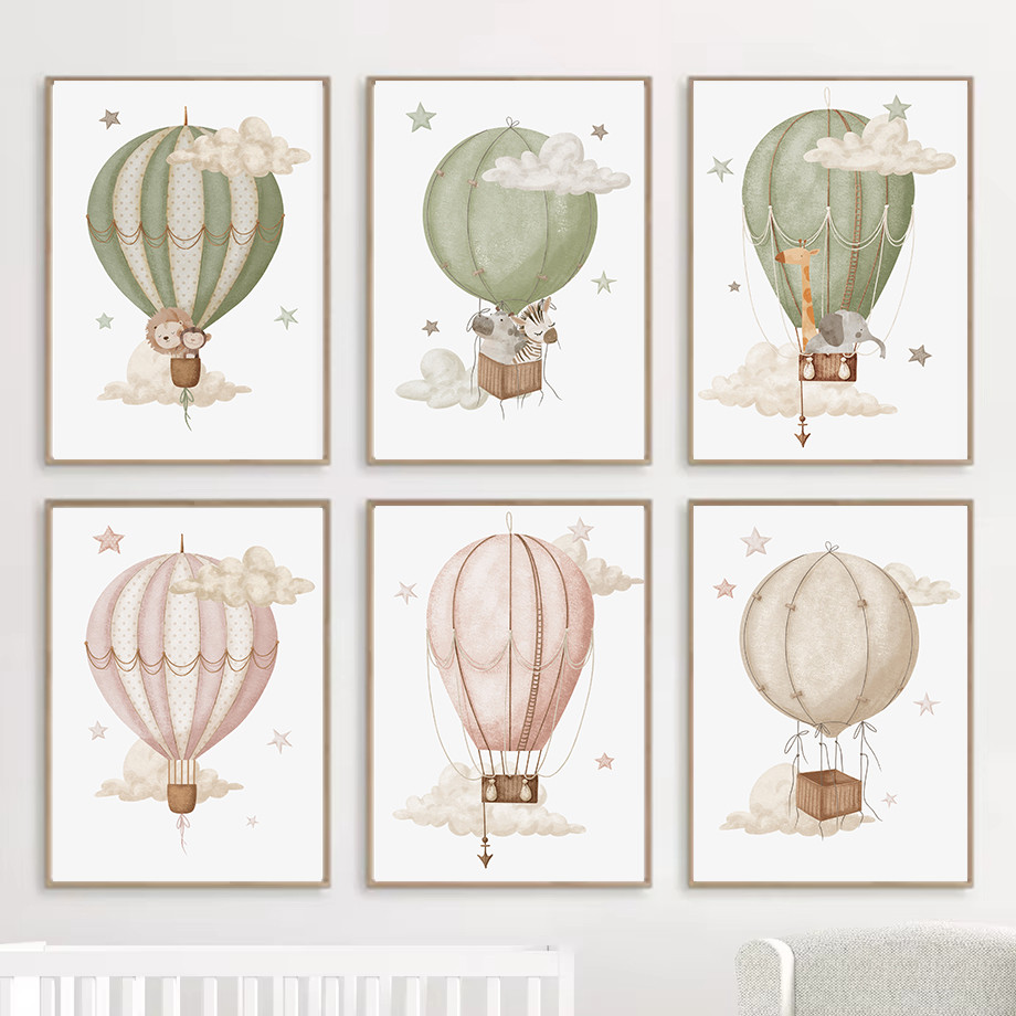 

Watercolor Hot Air Balloon Animal Monkey Lion Poster and Print Canvas Painting Wall Art Picture for Kids Room Nursery Decor