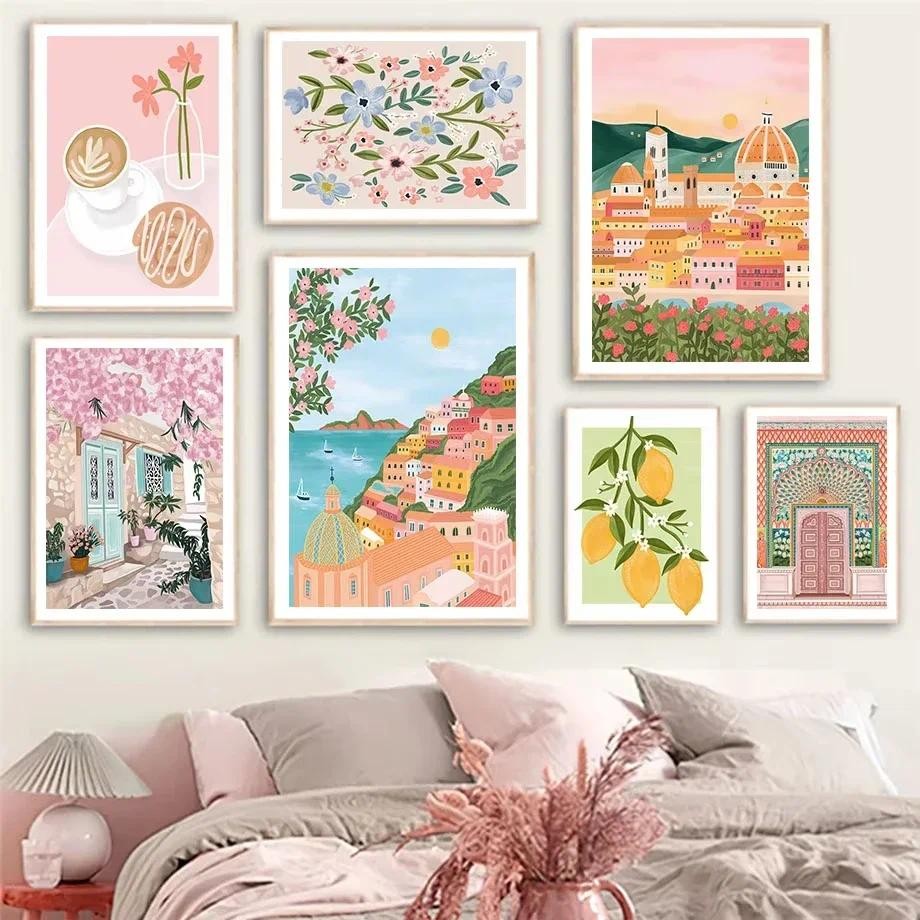 

Santorini Lemon Coffee Flowers Landscape Wall Art Minimalist Print Canvas Painting Posters for Living Room Modern Home Decor