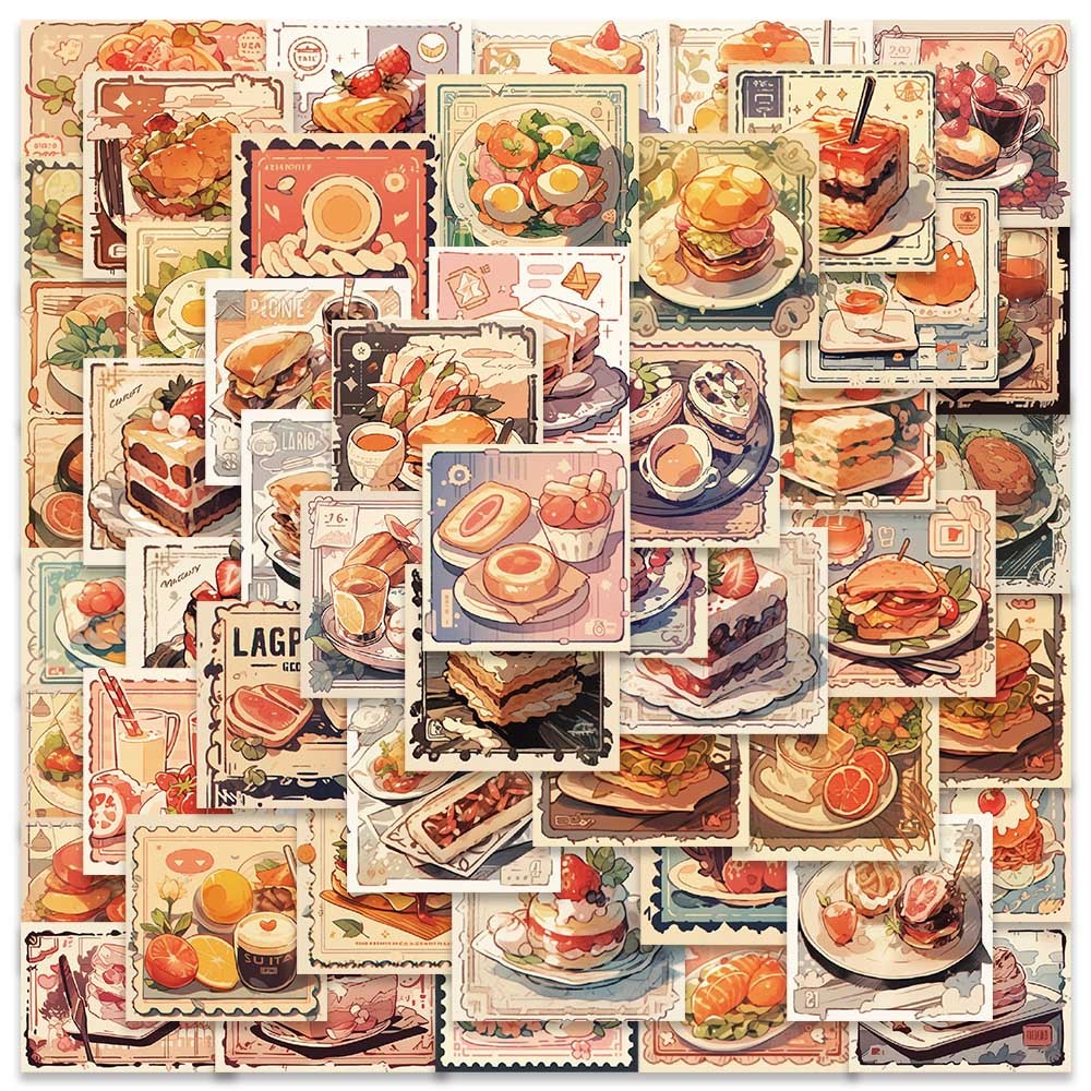 

50pcs Vinyl Laptop Phone Decals Cute Retro Cartoon Foods Cakes Stickers For Luggage Guitar Stationery Waterproof Graffiti