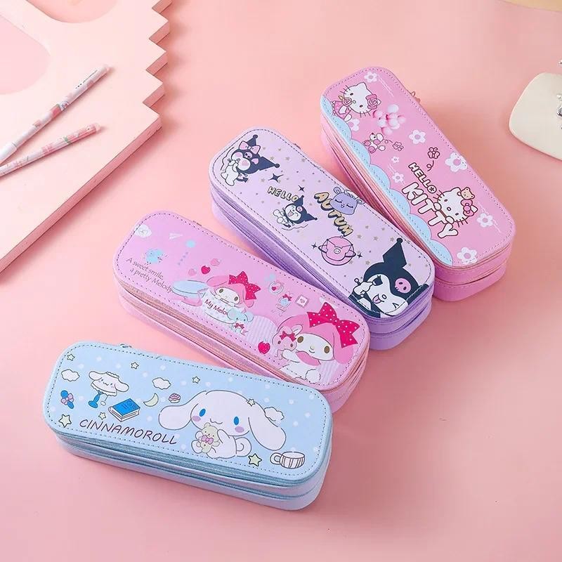 

Hello Kitty Kuromi Melody Double Deck Pencil Box Desktop Storage Kawaii Big Capacity School Supplies for Elementary Student Gift