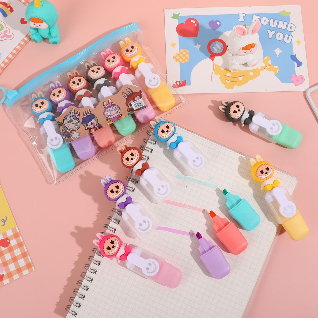 

12 Pcs (2 Sets) 6 Colors Cute Cartoon Mini Highlighters Pen Student Drawing Key Art Markers Set Back To School