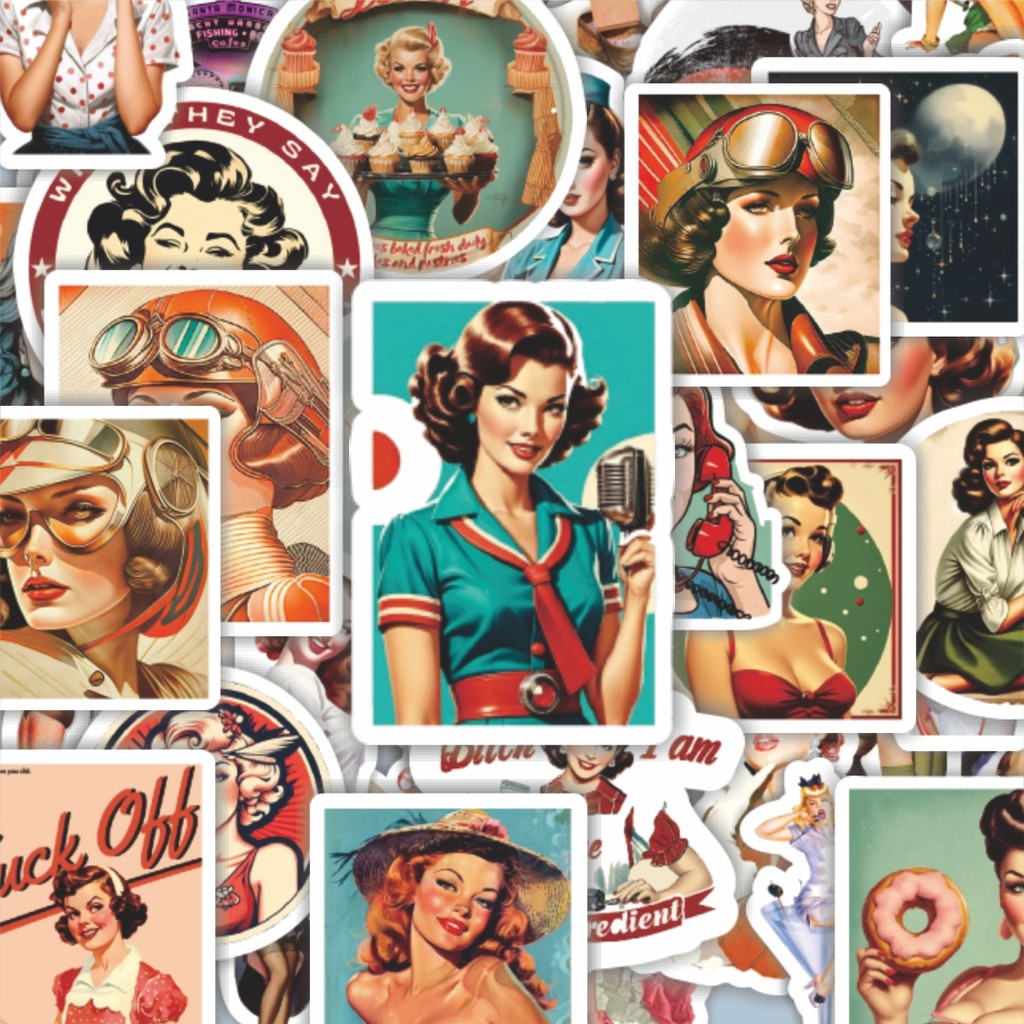 

100PCS Lucu Stiker Vintage Retro Pinup Girls Illustration Mix 3 Stiker Aesthetic Stiker Anti Air Stikers Berperekat Waterproof sticker decal buat Motor Helm Buku Journal Koper Casing HP Laptop Botol Minum Hadiah anak