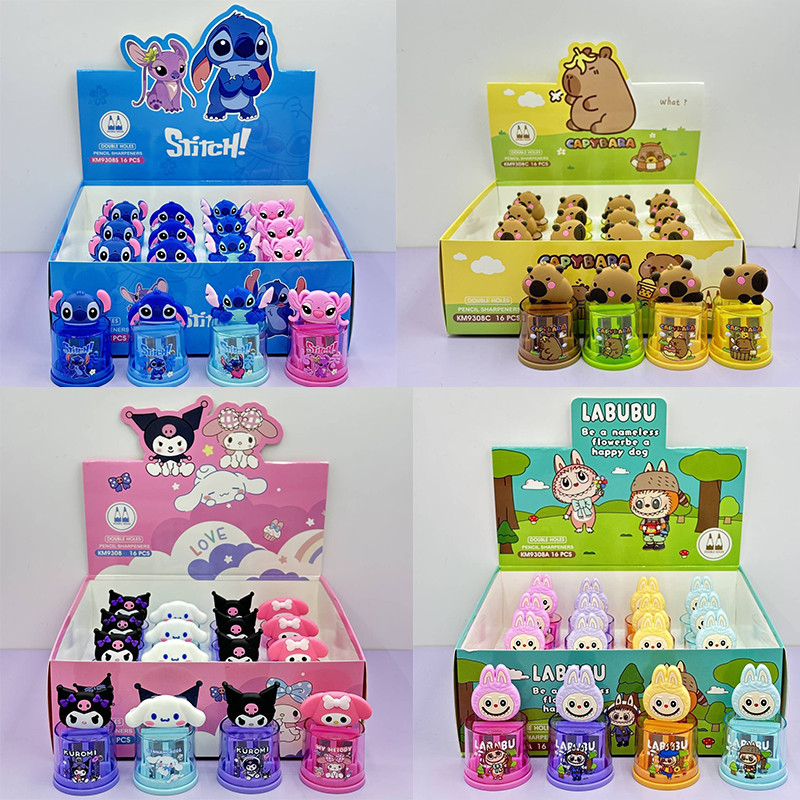 

16pcs Miniso Creative Pencil Reel Kawaii Stitch Kapibala Double Hole Student Special Pencil Sharpener Cute Kulomi Melody Gift