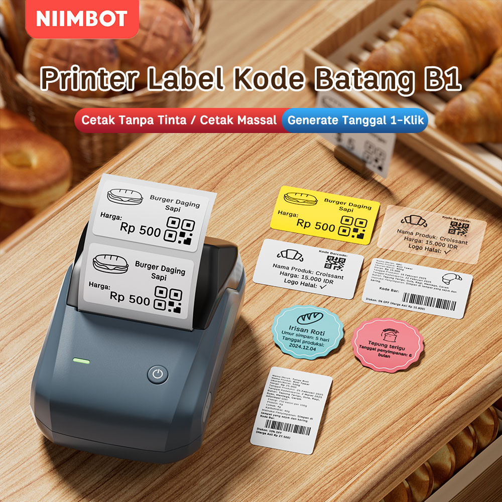 

NIIMBOT B1 Printer Label Barcode untuk Makanan – Mesin Cetak Label Tanggal Produksi Roti & Kue, Cocok untuk Harga Stiker
