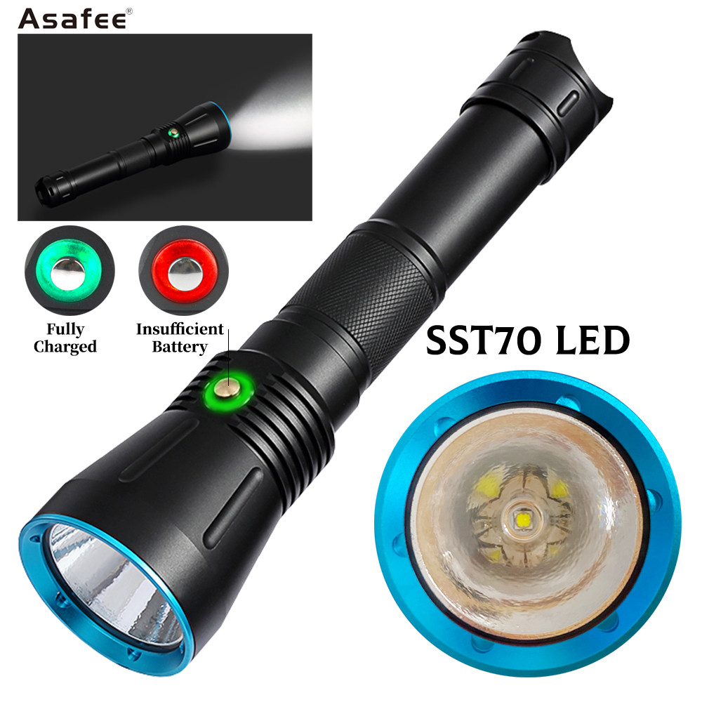 Asafee 50M Diving Flashlight XHP70/SST70 LED 4000LM Press Switch IPX8 Waterproof Scuba Torch 5 Modes