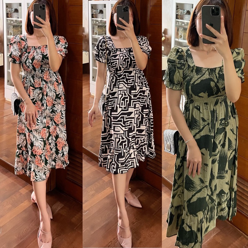 DRESS SABRINA BAJU KERUT TALI MIDI DRESS REMPEL PAKAIAN WANITA