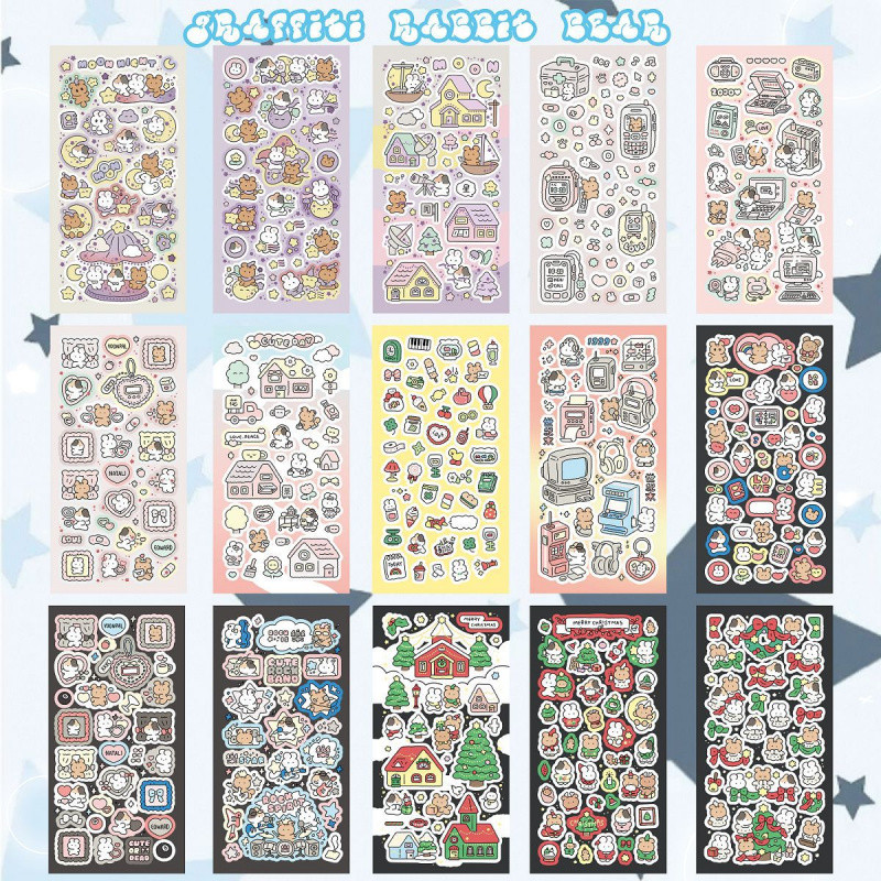 

Korean Cartoon Cute Retro Rock Graffiti Rabbit Bear Stickers Handbook Notebook Planner Diary Christmas DIY Decorative Stickers