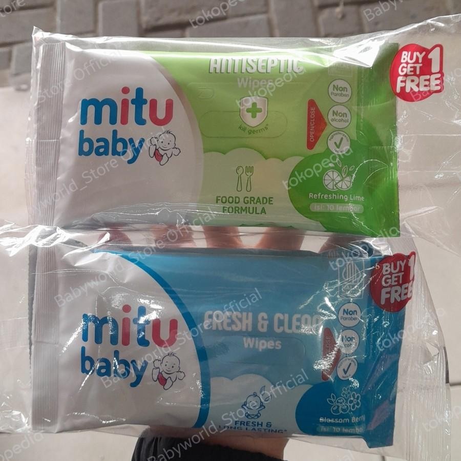 B1G1 Mitu Baby Baby Wipes Tissue Basah 10 Sheets Biru / Hijau