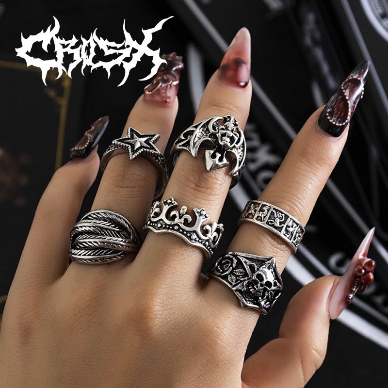 PERA RING SET / 6PCS STAR CROSS SWORD CROWN PEDANG SALIB BINTANG MAHKOTA CINCIN HITAM SILVER / COUPL