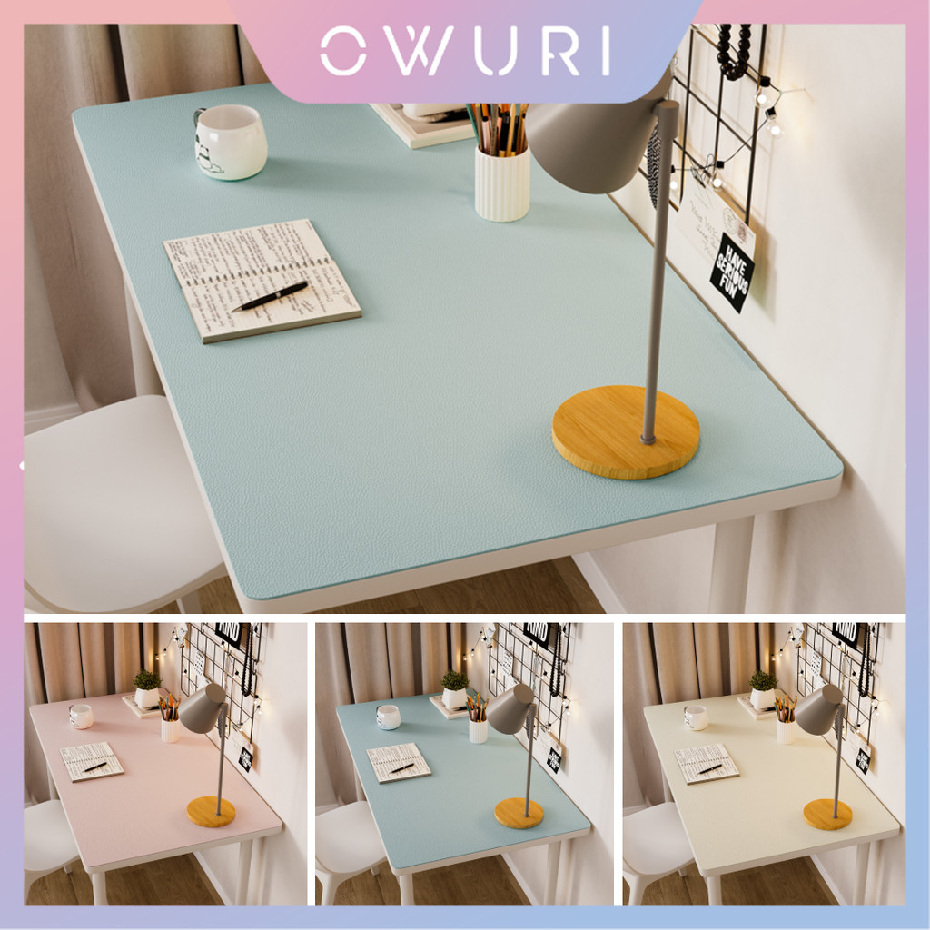Owuri Alas Meja Belajar Warna Pastel Polos Anti Air Kulit PVC Bisa Custom Ukuran