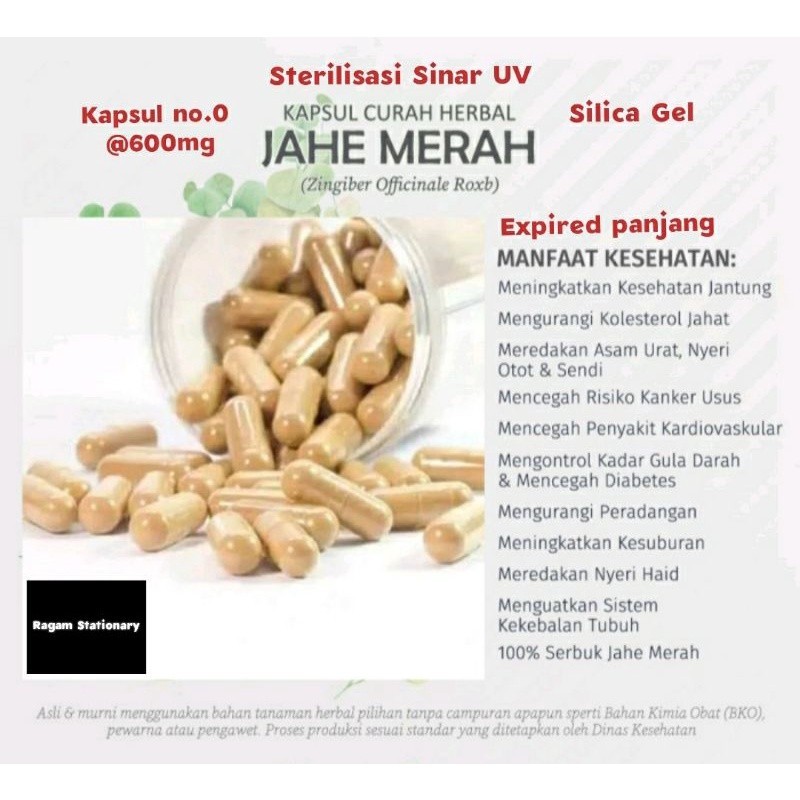 Kapsul bubuk Jahe Merah herbal jamu obat curah 100 butir KTM HERBAL