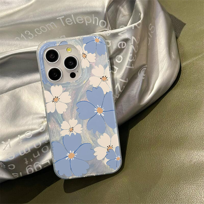 Casing ponsel Benang Bulu Bunga Biru Lucu case untuk Casing Ponsel Apple iPhone 15 14 13 12 11 11Pro