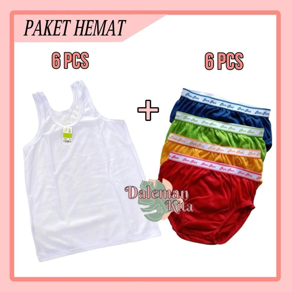 PAKET HEMAT 6pcs singlet putih + 6pcs CD polos pinggang karet | paket daleman anak cowok | obral dal
