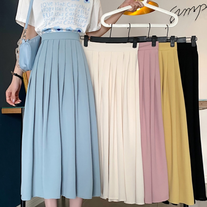 Rok panjang lipit pinggang tinggi wanita Rok lipit A-line