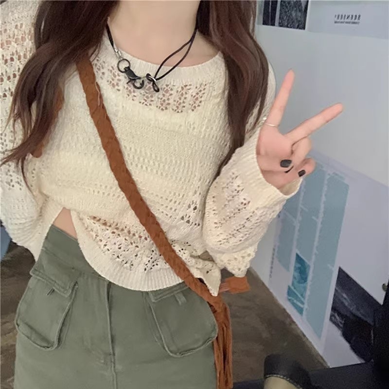 Yoohui ZZ096 Sweater Potongan Tipis Longgar Untuk Wanita Crop Top Rajut Jaring/Outer Knit Atasan Rou