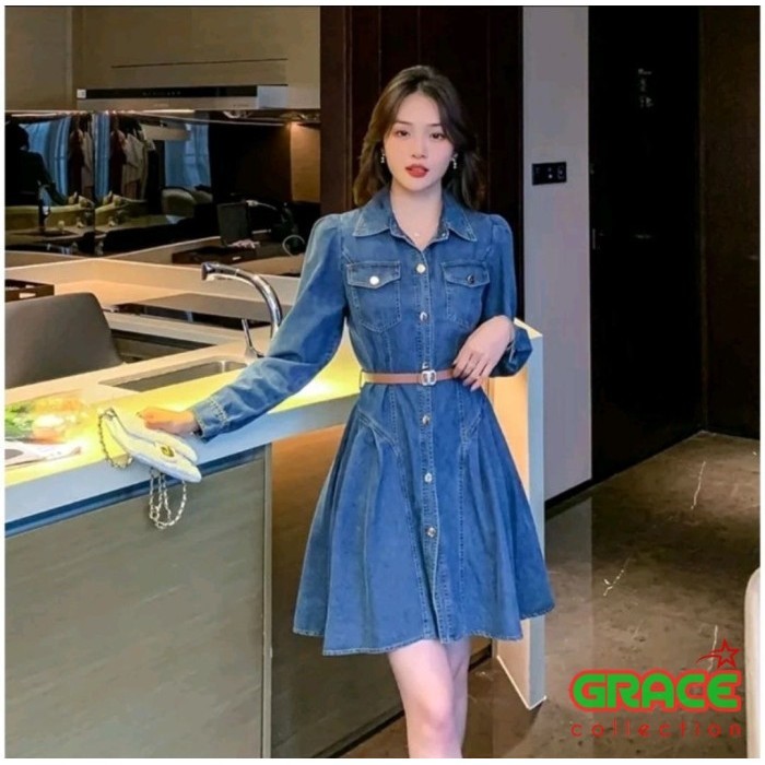 REAL Jeans Mini Dress Lengan Panjang Elies / Tunik Jeans Dress Denim Modis Style Gracecoll