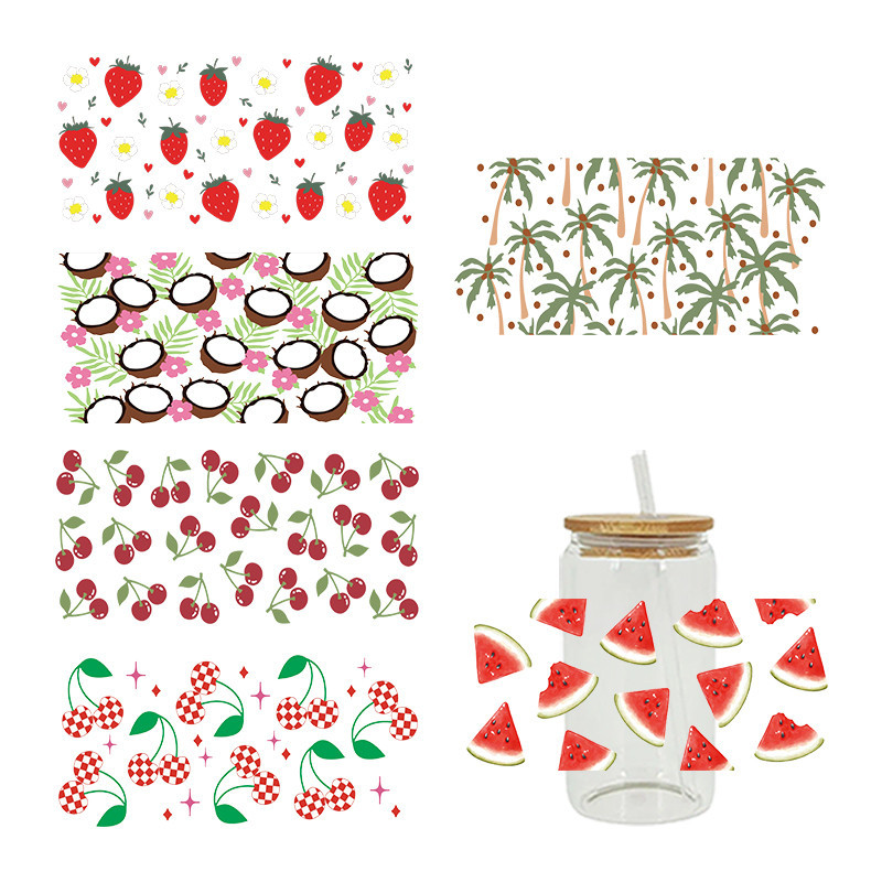 

Cherry Strawberry Fruit Themed UV DTF Transfer Sticker For The 16oz Libbey Glasses Wraps Cup Can DIY Waterproof D17668