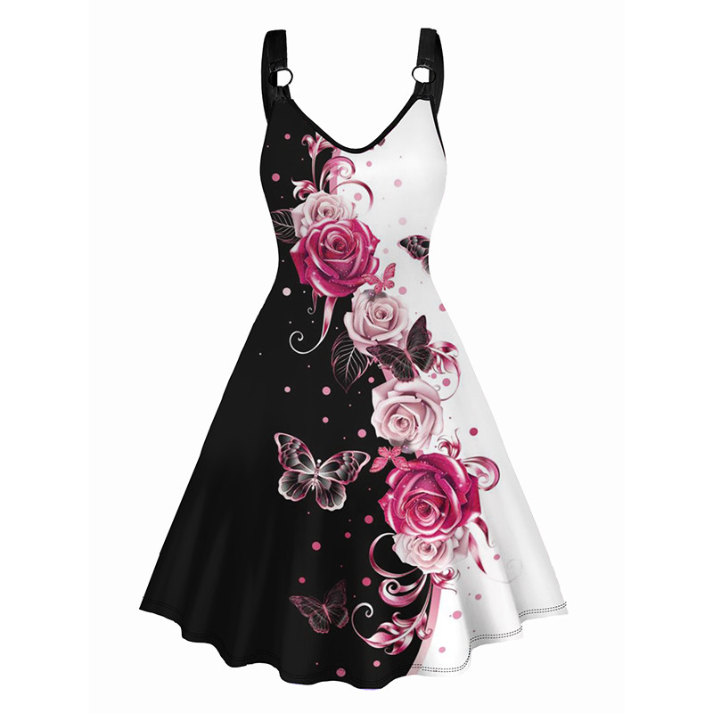 Dressfo Summer Dresses for Womens 2024 Contrast Butterfly Rose Print V Neck Dress O Ring Straps Slee