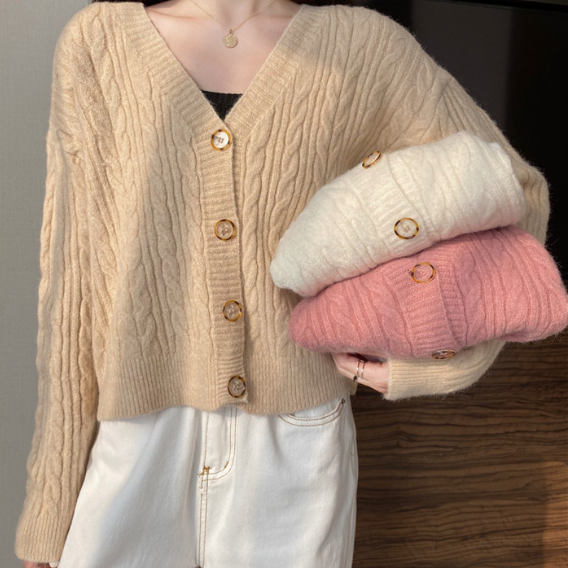 V Neck Cardigan Sweater Lengan Panjang Jaket Sweater Rajut Crop Top Trend Korea