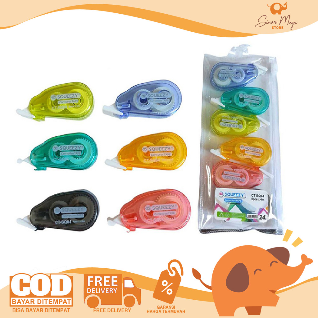 

SQUEEZY Correction Tape CT-SQ04 24M Color Set Isi 6 / Pita Koreksi Tipe-X Kertas Murah