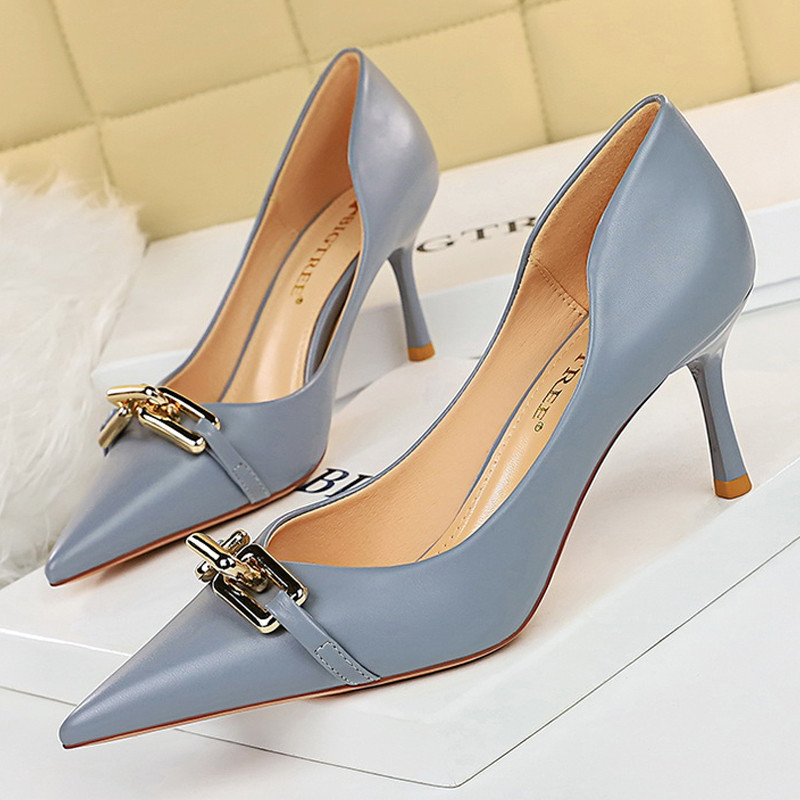 BIGTREE Shoes Elegant Women Pumps Metal Button Kitten Heels Women Shoes Stiletto Banquet Shoes Point