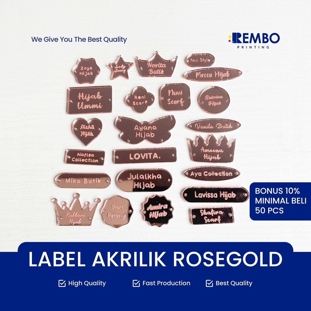 

Label Akrilik Rosegold Rebranding Hijab Warna Rosegold / Baju / Gamis / Label Baju Acrylic / Label Jilbab Rose Gold TERLARIS